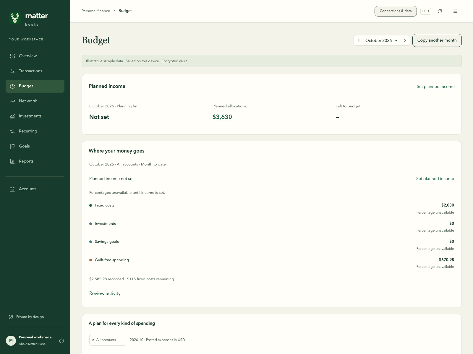 Matter Bucks monthly budget with categories, planned amounts, and spending using sample data.