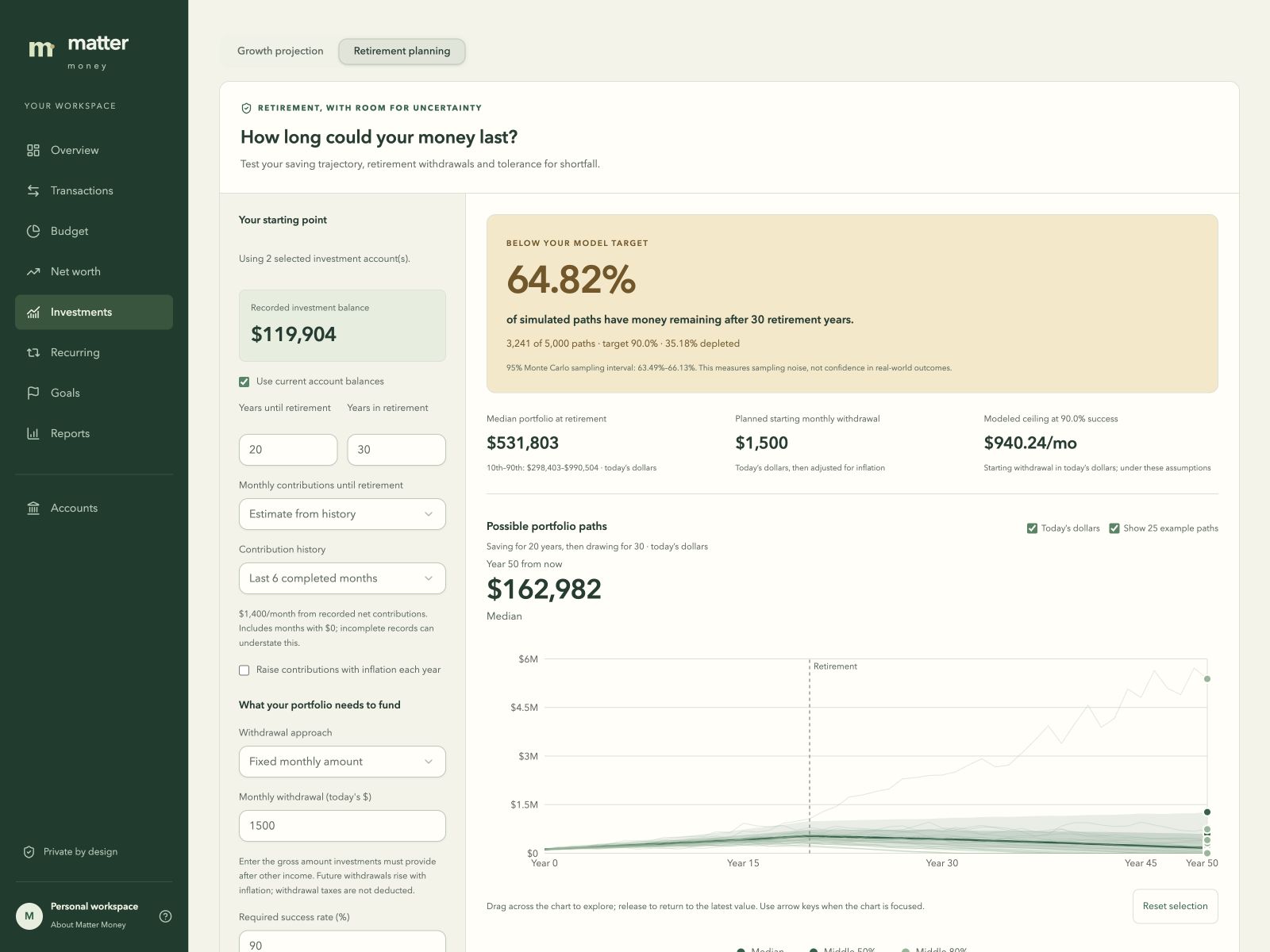 Matter Money retirement planning results showing a range of simulated outcomes with sample data.